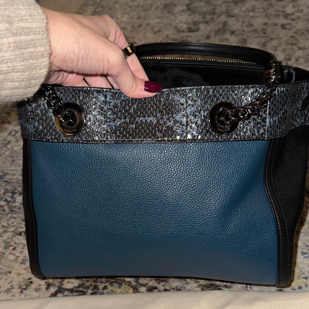 Coach Edie tote in Black and Teal with python trim - Picture 3 of 13
